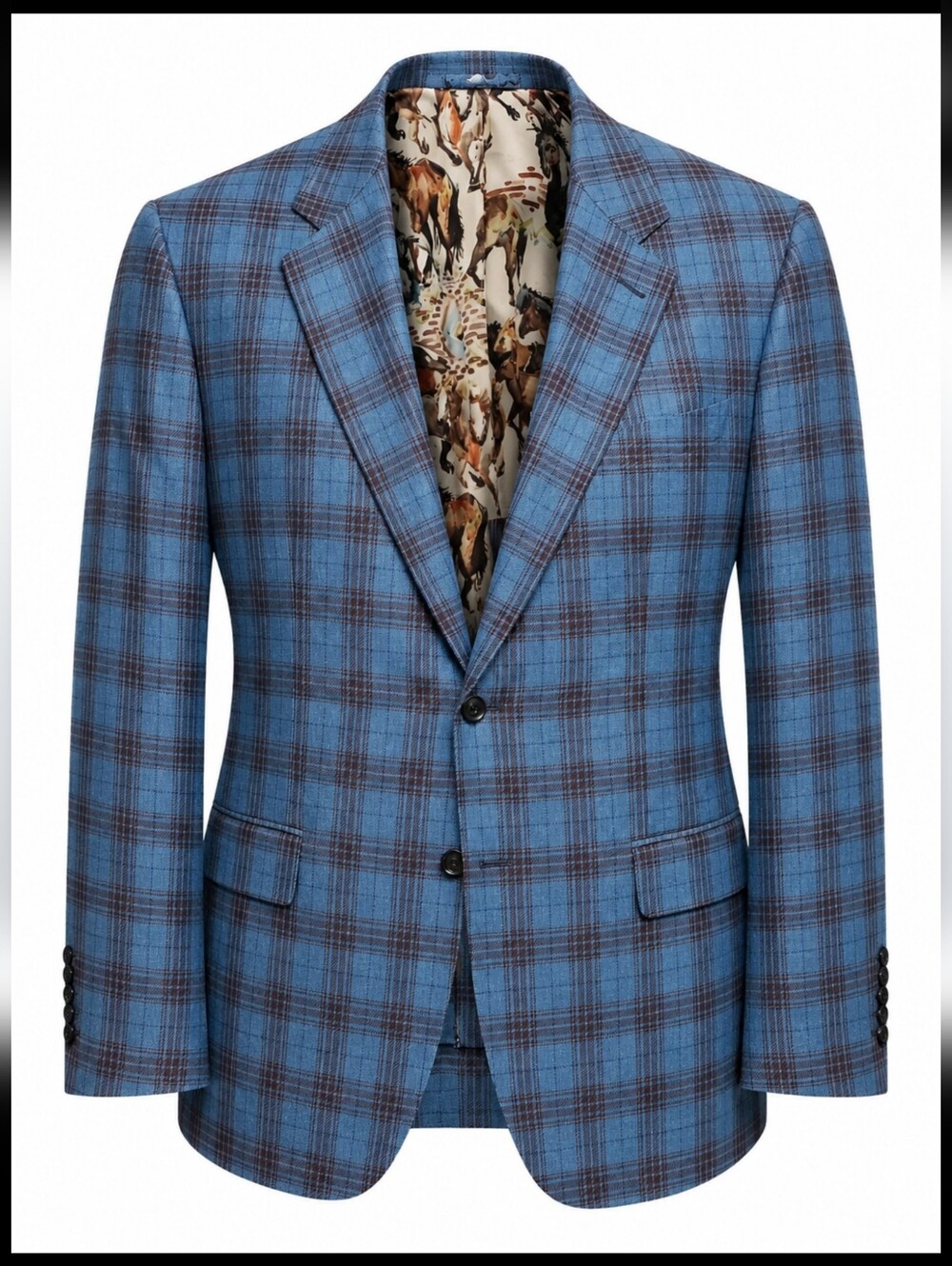 Brothers Tailors Marzoni Men’s Blue Plaid 100% Wool Blazer Horse Print Lining
